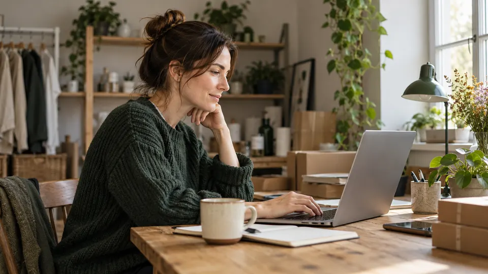Illustration of a small business owner working on a laptop in a studio